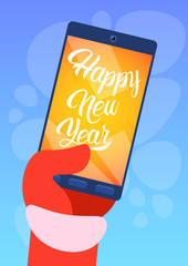 Santa Claus Hand Hold Cell Smart Phone Merry Christmas Greeting Card Happy New Year Flat Vector Illustration