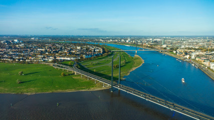 View of Rhein river from Rheinturm tower Dusseldorf Germany Euro