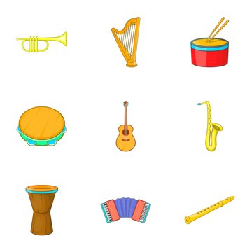 Musical instruments icons set. Cartoon illustration of 9 musical instruments vector icons for web