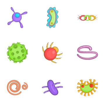 Bacteria icons set. Cartoon illustration of 9 bacteria vector icons for web
