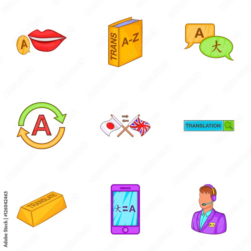 Poster language learning icons set. cartoon illustration of 9 language learning vector icons for web