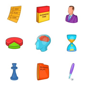 Business plan icons set. Cartoon illustration of 9 business plan vector icons for web