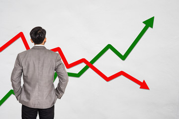 Back view of standing businessman looking stock market graph on white background