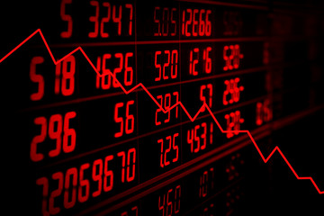 Display of red electronic board of stock market quotes with down trend graph. Recession concept