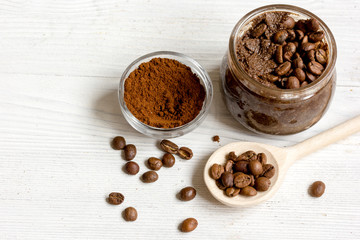 handmade coffee-cocoa scrub on wooden background close up