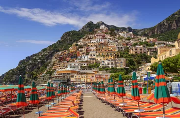 Printed roller blinds Positano beach, Amalfi Coast, Italy Summertime seascape. Amalfi coast: Positano beach: the skyline of the town. Italy (Campania).