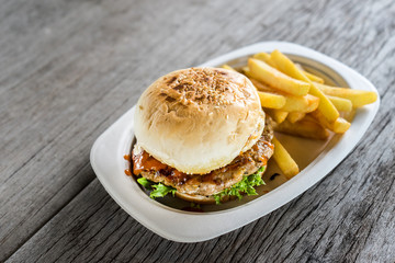 home made hamburger with france fries