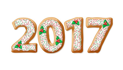New Year 2017 in shape of gingerbread number as cookies. Vector illustration
