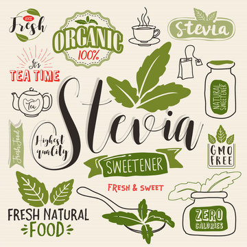 Stevia and Organic food label Set. Farm Fresh label and Logo element. Organic,bio,ecology natural design template. Easy editable for Your design. Retro natural look logotype icon.