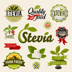 Stevia and Organic food label Set. Farm Fresh label and Logo element. Organic,bio,ecology natural design template. Easy editable for Your design. Retro logotype icon. - obrazy, fototapety, plakaty