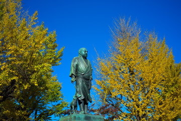 上野　西郷隆盛像と黄葉