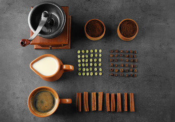 Things for preparing coffee on grey background