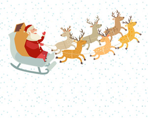 Naklejka premium Santa Claus with deer, Christmas holiday. Santa Claus character. Vector illustration isolated on white background,cartoon style