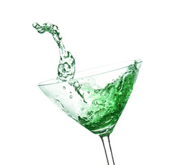 Green cocktail with splash on white background