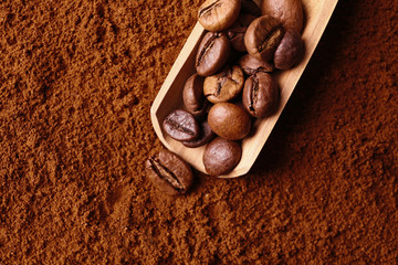 Coffee powder with bean, close up