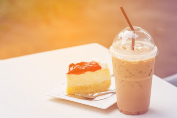 Ice coffee and strawberry Cake