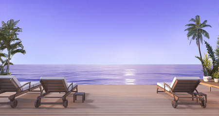 3d rendering beautiful beach bed on terrace near beach and sea with nice sky view and palm tree in hawaii in the evening