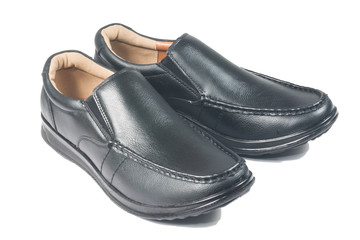 Black leather shoes on white background
