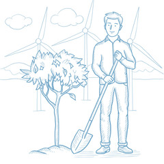 Man plants tree vector sketch illustration