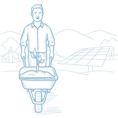 Worker of solar power plant with sprout in cart