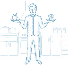 Man choosing between apple and cupcake