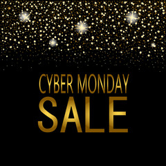 eps 10 vector Cyber Monday sell-out poster. Sale and discount advertising banner for web, print. Luxury stylish golden glitter, shiny falling stars, snowflakes. Graphic design clip art illustration