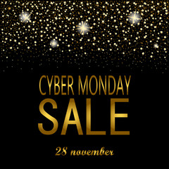 eps 10 vector Cyber Monday sell-out poster. Sale and discount advertising banner for web, print. Luxury stylish golden glitter, shiny falling stars, snowflakes. Graphic design clip art illustration