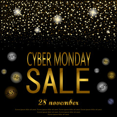 eps 10 vector Cyber Monday sell-out poster. Sale and discount advertising banner for web, print. Luxury stylish golden glitter, shiny falling stars, snowflakes. Graphic design clip art illustration