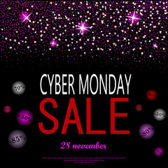 eps 10 vector Cyber Monday sell-out poster. Sale and discount advertising banner for web, print. Luxury stylish pink glitter, shiny falling stars, snowflakes. Graphic design clip art illustration