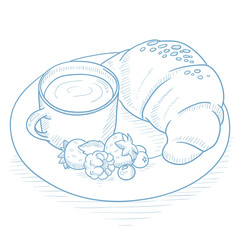 Breakfast with coffee, croissant and berries