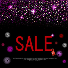 eps 10 vector sell-out poster. Christmas and New Year Sale and discount advertising banner for web, print. Luxury stylish pink glitter, shiny falling stars, snowflakes. Graphic clip art illustration