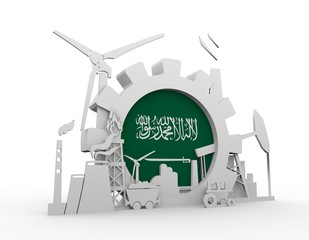 Obraz premium Energy and Power icons set with Saudi Arabia flag. Sustainable energy generation and heavy industry. 3D rendering
