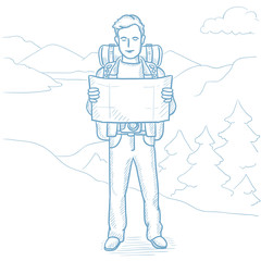 Traveler looking at map vector illustration.
