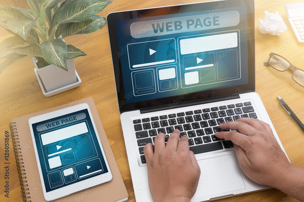 Poster web design template and web page closeup shot of laptop with di