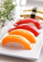 japanese food tuna nigiri, salmon nigiri, and tamago nigiri sush