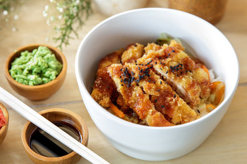 japanese food chicken katsu don served with soy sauce and wasabi