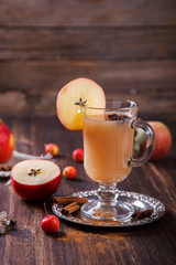 Apple cider drink,juice,Cider with Spices ,cinnamon sticks and fresh apples.Hot drink for Autumn and Winter evenings.selective focus.