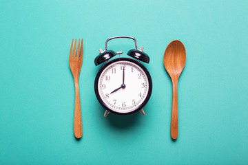 Meal time with alarm clock, breakfast - obrazy, fototapety, plakaty