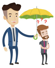 Businessman holding umbrella over young man.