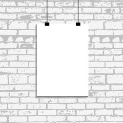 White empty poster mockup on wall brick