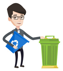 Man with recycle bin and trash can.