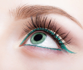 female eye zone and brow with evening green eyeliner makeup