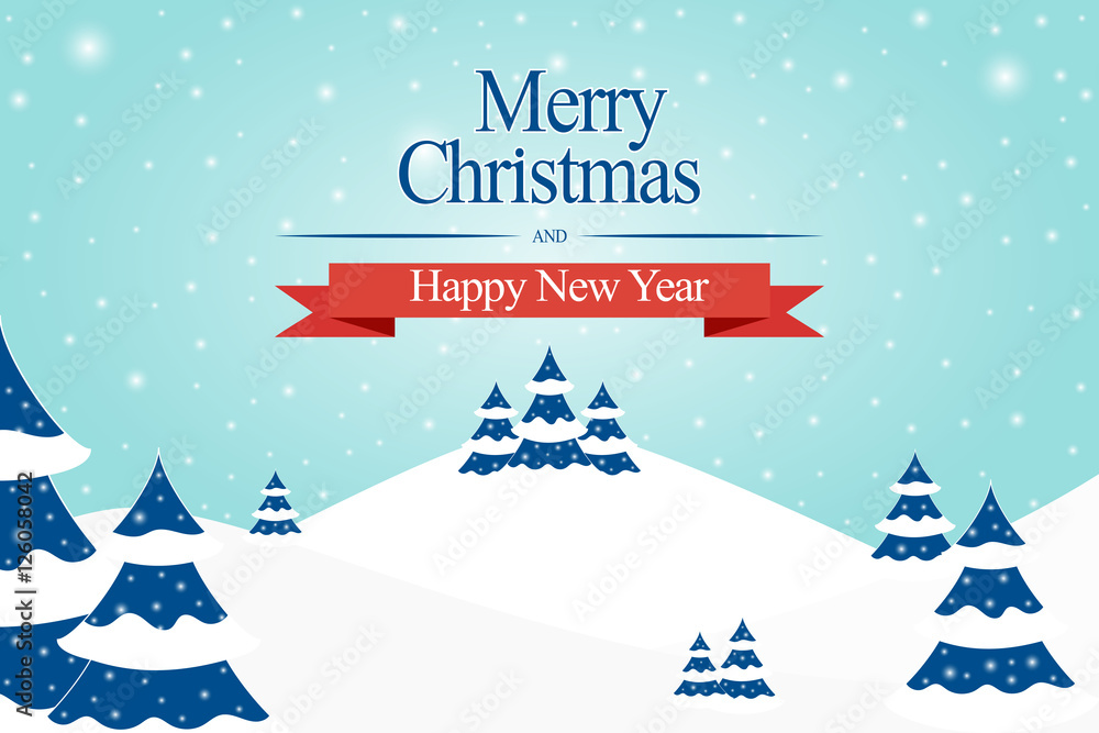 Aufkleber merry christmas and happy new year banner design vector with snow and christmas trees.