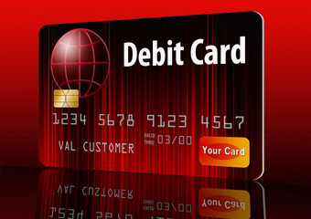 This is a generic version of a bank debit card. It is red and black on a red background and reflection in table below. This is a photo illustration combining photographs with graphics and is free of c