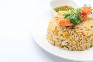 Fried rice with crab and shrimp isolated on awhite background with copy space and text, Fried rice thai style Asia Thailand