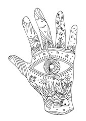 eye in hand symbol world, universe vector hand drawn illustration design