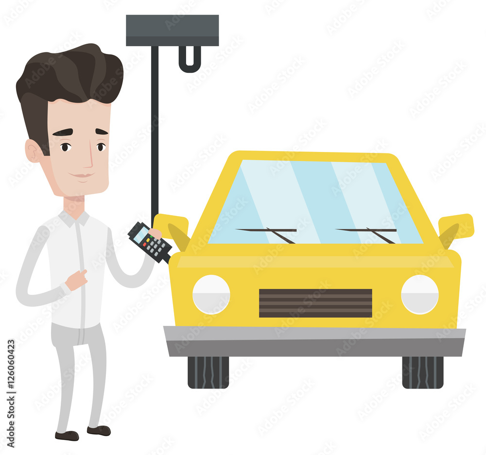 Aufkleber worker controlling automated assembly line for car