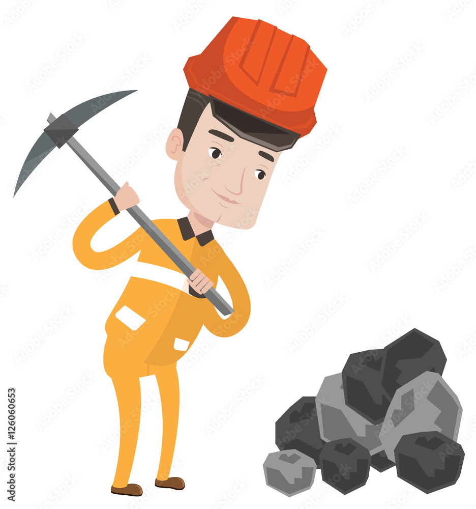 Poster miner working with pickaxe vector illustration.
