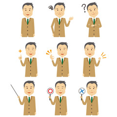 かわいいビジネスマン　ベージュのスーツ　上半身　おじさん　ポーズセット