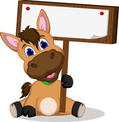 cute horse cartoon sitting holding blank sign © jihane37